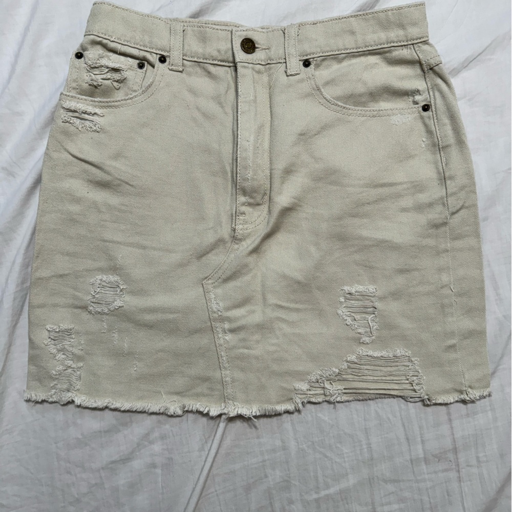 Khaki colored mini jean skirt